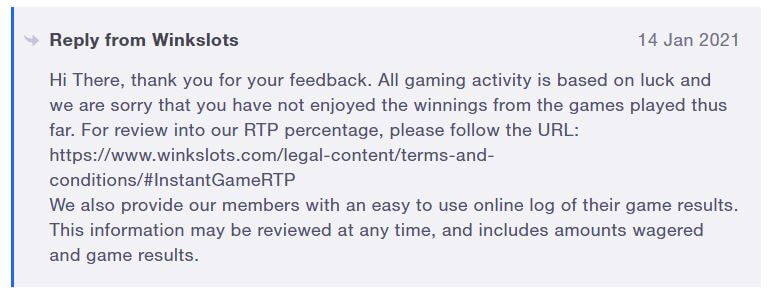 Wink Slots reply to player complaint