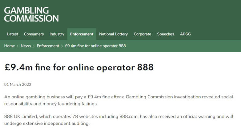 888 UK fined in February 2022