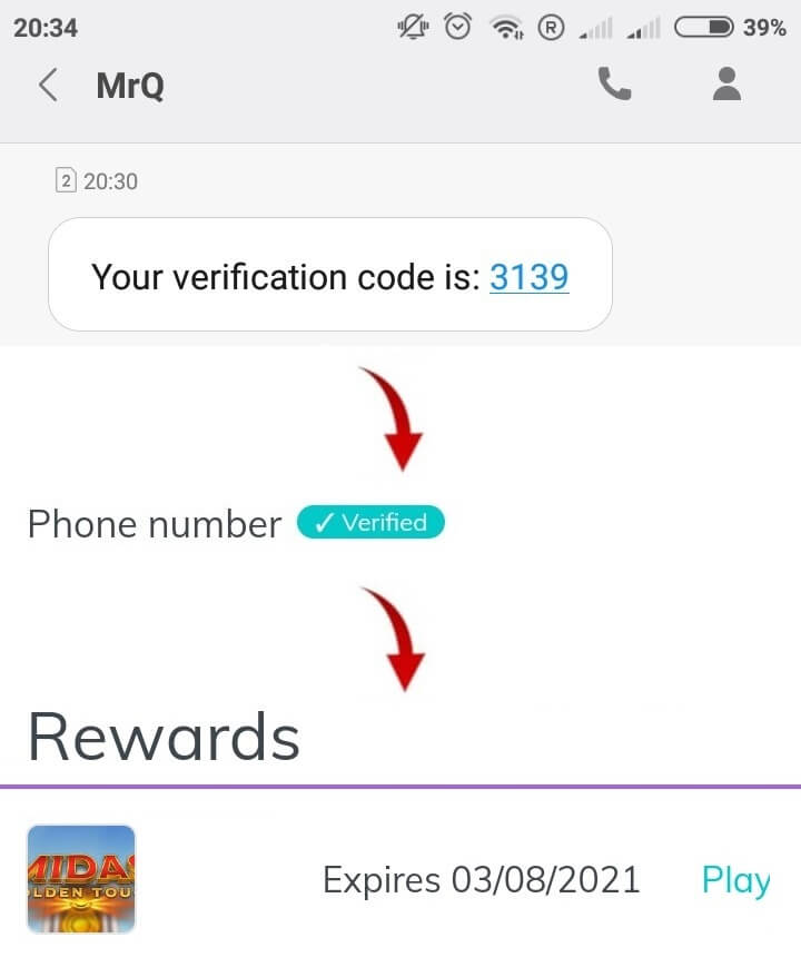 Mobile verification bonus process at MrQ