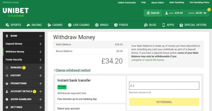 Withdrawing with Trustly at Unibet