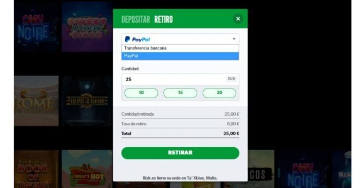 Visual de como se ve la web cuando se hacen retiros en un casino PayPal España