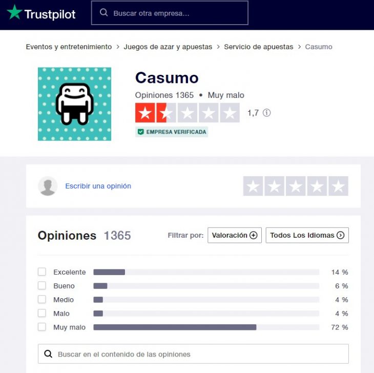 Opiniones y valoración del casino Casumo en Trustpilot