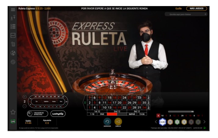 Sección de casino en vivo de ruleta
