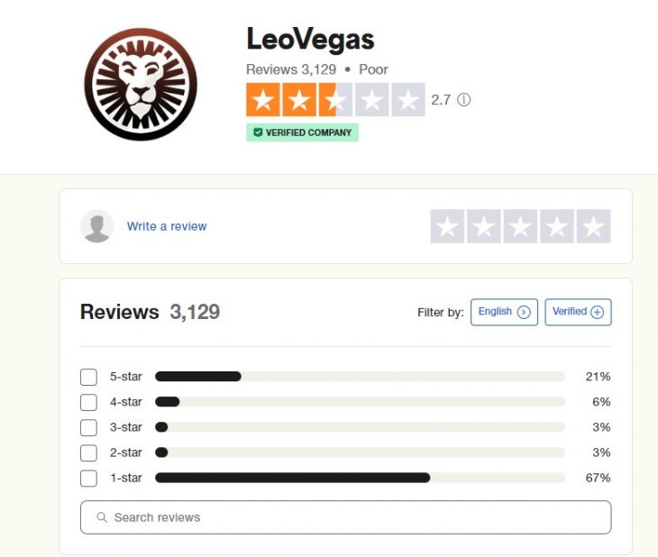 Sitio web donde se ven opiniones sobre LeoVegas y la valoración
