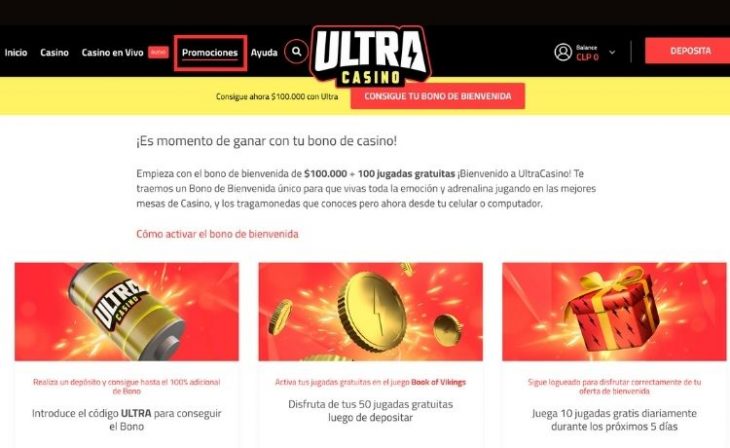 Página donde se explica toda la información sobre el bono de bienvenida Ultra Casino