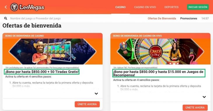 Ejemplo de bonos disponibles en casino online Webpay
