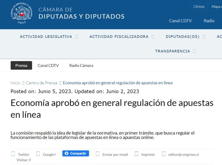 captura de pantalla de la aprobacion de ley para los casinos online legales en Chile