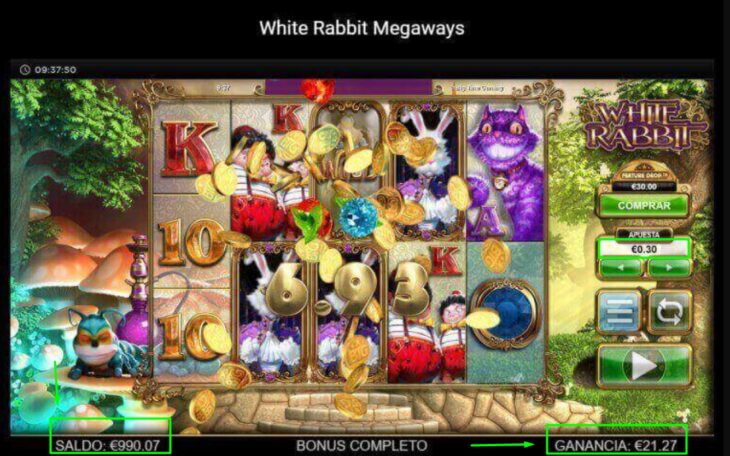 Captura de pantalla del juego de tragamonedas White rabbit, resaltando los valores en euros